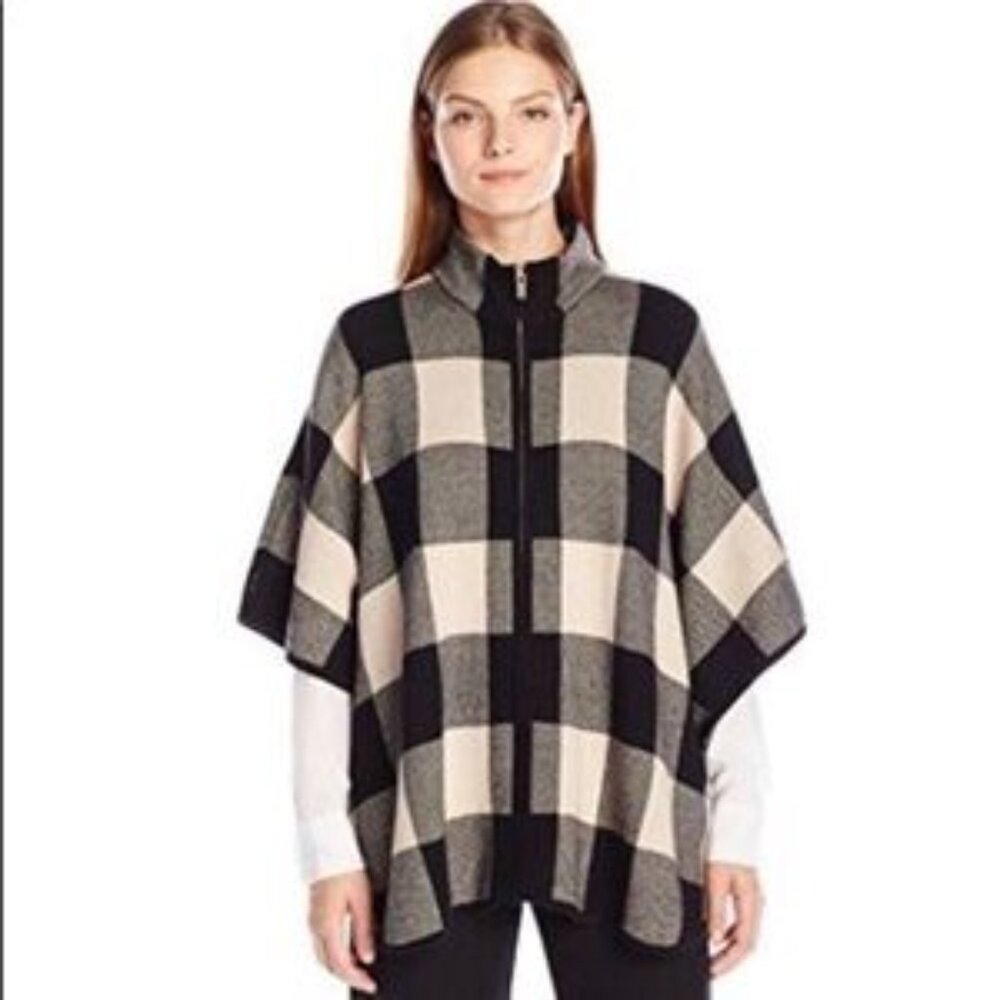 Rafaella Black and Creme Plaid Sweater Poncho Full Zipper Size XL NWOT